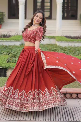 red thread embroidered silk lehenga set choli with dupatta