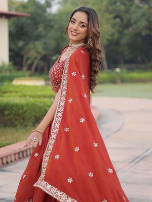 red thread embroidered silk lehenga set choli with dupatta 7