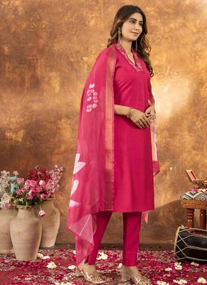 Pink roman silk thread embroidered sequin salwar suit 1