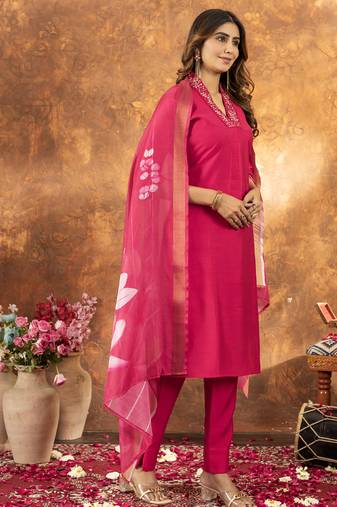 Pink roman silk thread embroidered sequence salwar suit