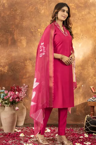 Pink roman silk thread embroidered sequence salwar suit