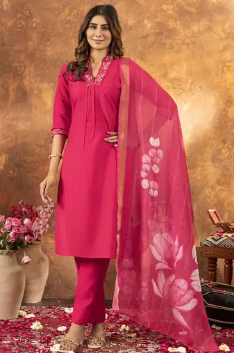 Pink roman silk thread embroidered sequin salwar suit