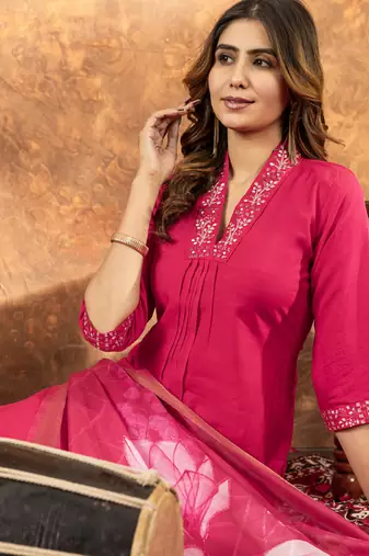 Pink roman silk thread embroidered sequin salwar suit