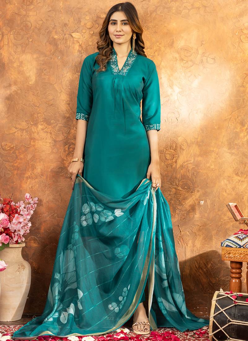 Rama green roman silk thread embroidered sequence salwar suit