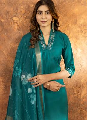 Rama green roman silk thread embroidered sequin salwar suit 4