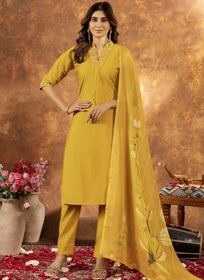Yellow roman silk thread embroidered sequin salwar suit 1