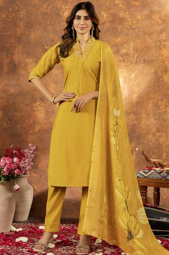 Yellow roman silk thread embroidered sequence salwar suit
