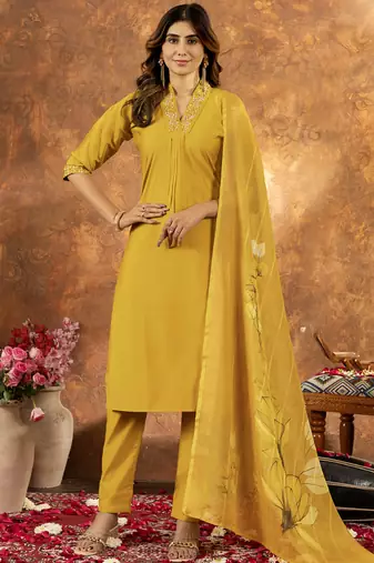 Yellow roman silk thread embroidered sequence salwar suit