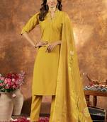Yellow roman silk thread embroidered sequence salwar suit