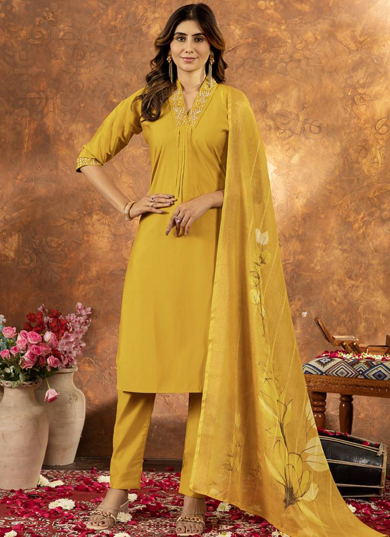 Yellow roman silk thread embroidered sequence salwar suit