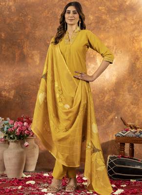 Yellow roman silk thread embroidered sequin salwar suit 2