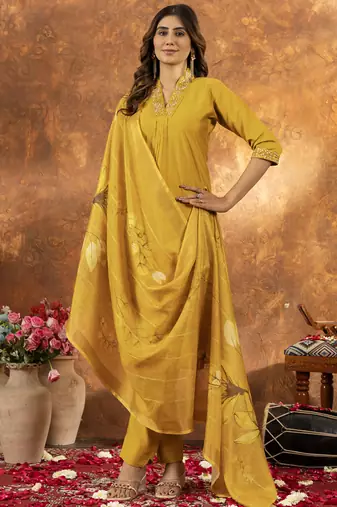 Yellow roman silk thread embroidered sequin salwar suit