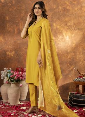 Yellow roman silk thread embroidered sequin salwar suit 3