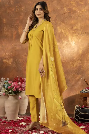 Yellow roman silk thread embroidered sequin salwar suit