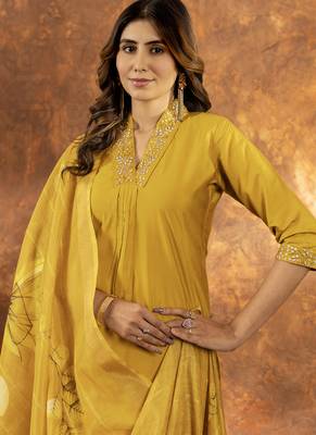 Yellow roman silk thread embroidered sequin salwar suit 4