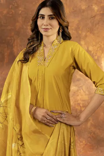 Yellow roman silk thread embroidered sequin salwar suit