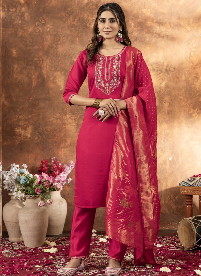 Pink marina silk thread embroidered salwar suit