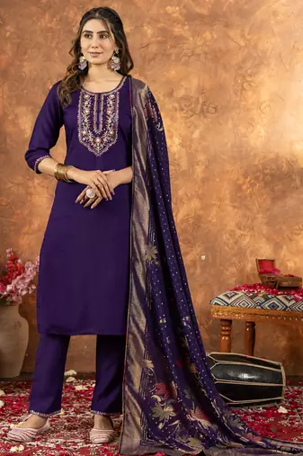 Purple marina silk thread embroidered salwar suit