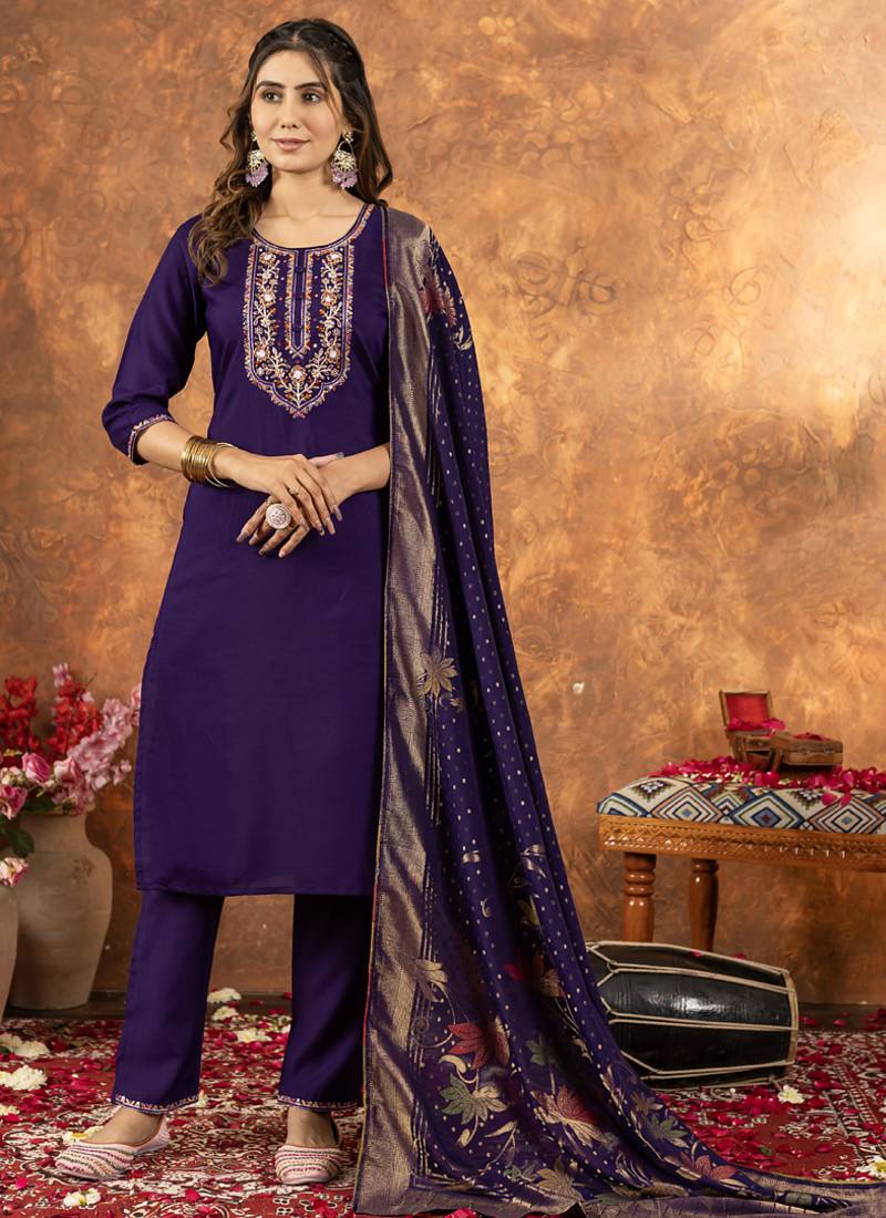 Purple marina silk thread embroidered salwar suit