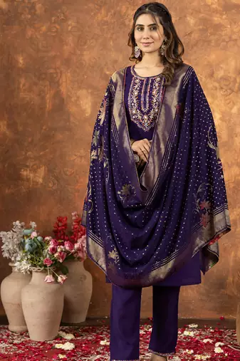 Purple marina silk thread embroidered salwar suit