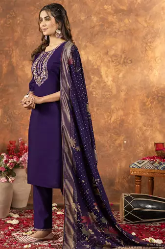 Purple marina silk thread embroidered salwar suit