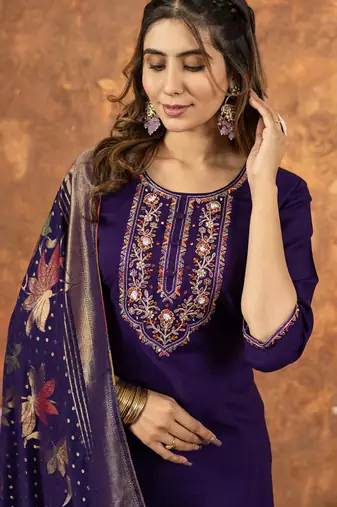Purple marina silk thread embroidered salwar suit