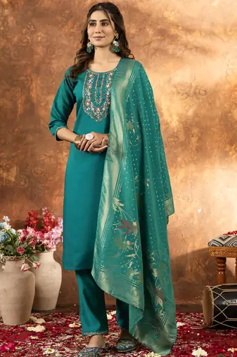 Rama green marina silk thread embroidered salwar suit