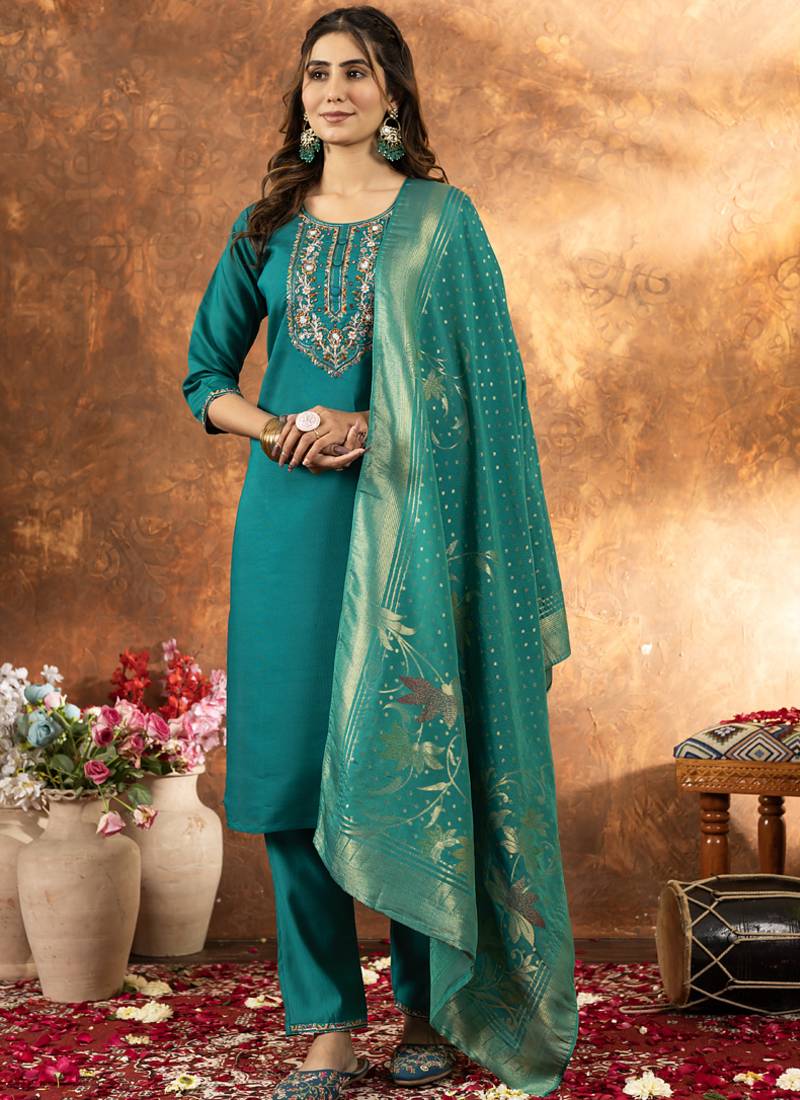 Rama green marina silk thread embroidered salwar suit