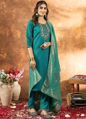 Rama green marina silk thread embroidered salwar suit 2
