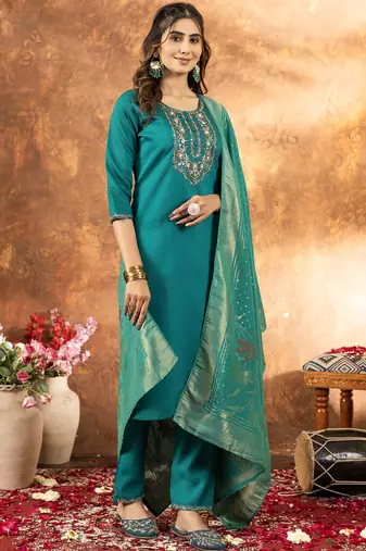 Rama green marina silk thread embroidered salwar suit