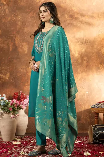 Rama green marina silk thread embroidered salwar suit