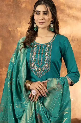 Rama green marina silk thread embroidered salwar suit