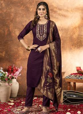Wine marina silk thread embroidered salwar suit 1