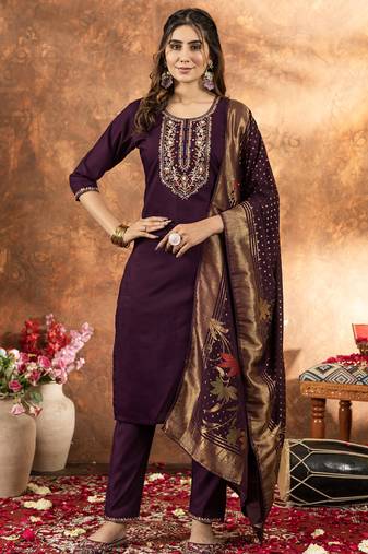 Wine marina silk thread embroidered salwar suit