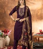 Wine marina silk thread embroidered salwar suit