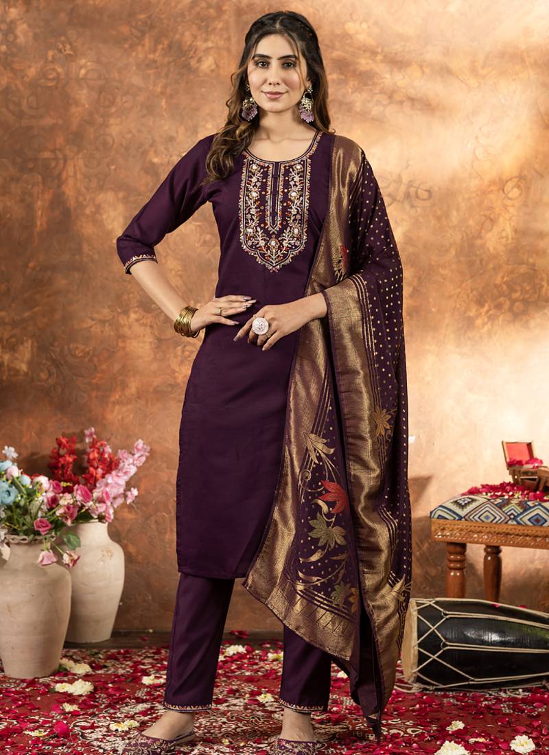 Wine marina silk thread embroidered salwar suit