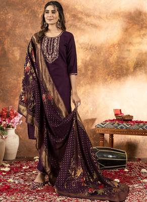 Wine marina silk thread embroidered salwar suit 2