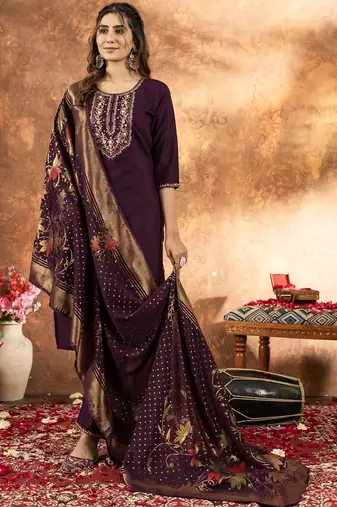 Wine marina silk thread embroidered salwar suit