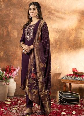 Wine marina silk thread embroidered salwar suit 3