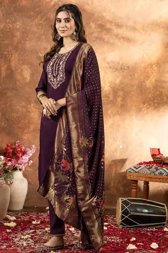 Wine marina silk thread embroidered salwar suit
