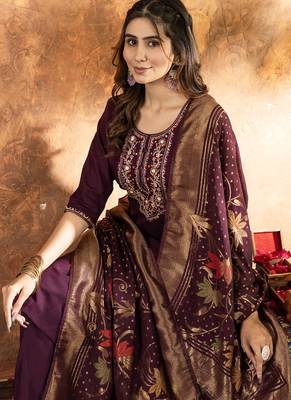 Wine marina silk thread embroidered salwar suit 4