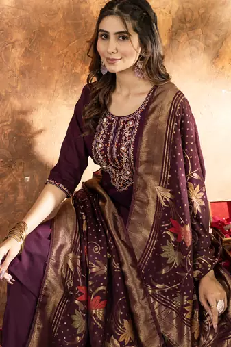 Wine marina silk thread embroidered salwar suit