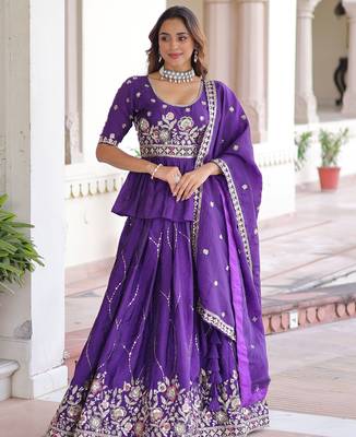 purple sequins organza festive lehenga with peplum top 1