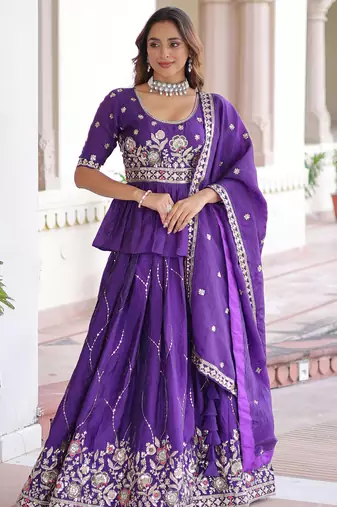 purple sequins organza festive lehenga with peplum top