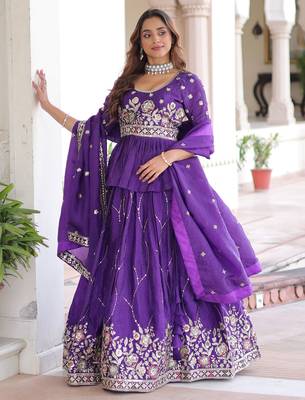 purple sequins organza festive lehenga with peplum top 2