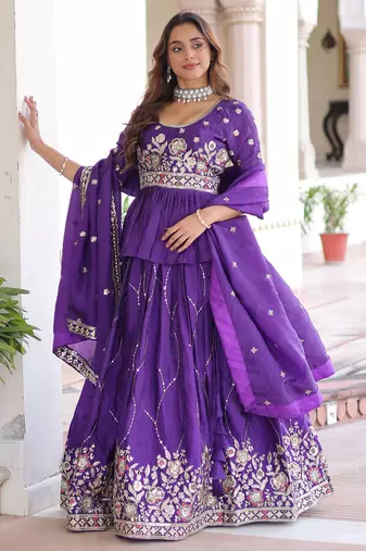 purple sequins organza festive lehenga with peplum top