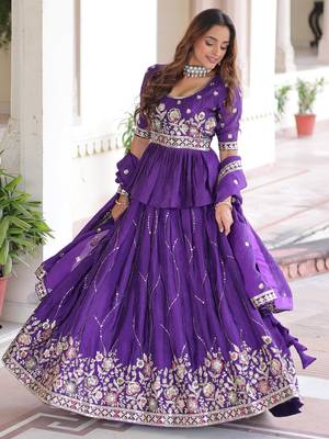 purple sequins organza festive lehenga with peplum top 3