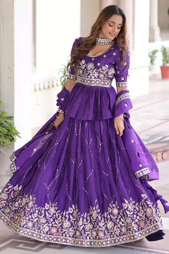 purple sequins organza festive lehenga with peplum top