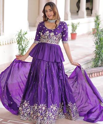 purple sequins organza festive lehenga with peplum top 4