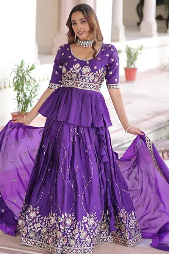 purple sequins organza festive lehenga with peplum top